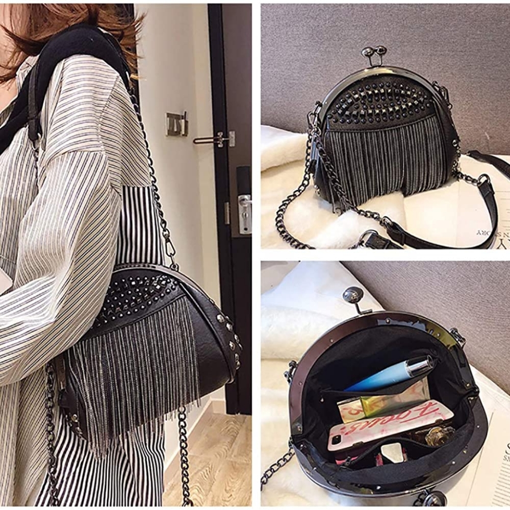 ⭐ Punk Style Crossbody Bags for Women Rivet Tassel Evening Clutch Purse Ladies - Picture 4 of 6